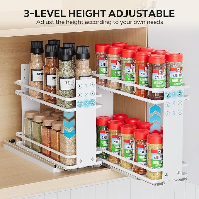 Nieifi Pull Out Spice Rack Organizer, 2 Tiers, White | Spice Organization for Cabinet, Height Adjustable, Easy to Install - Image 4