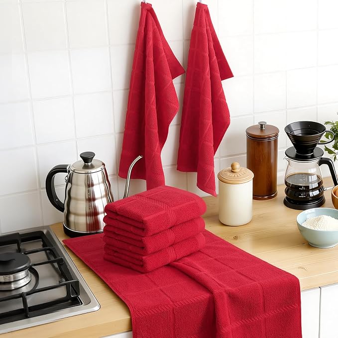 Homaxy 100% Cotton Kitchen Towels 18"x28", 4 Pack Dish Towels, Red | Large 380 GSM Soft and Absorbent Kitchen Hand Towels with Terry Grid Design, Utility Tea Towel Set with Hanging Loop - Image 8