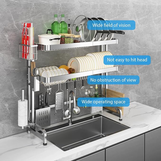 Over The Sink Dish Drainer Drying Rack, Full Stainless Steel 3-Tier Adjustable Length Over Sink Dish Drying Rack, Large Capacity Dish Rack Over Sink for Kitchen Counter, Pots & Pans Rack - Image 7