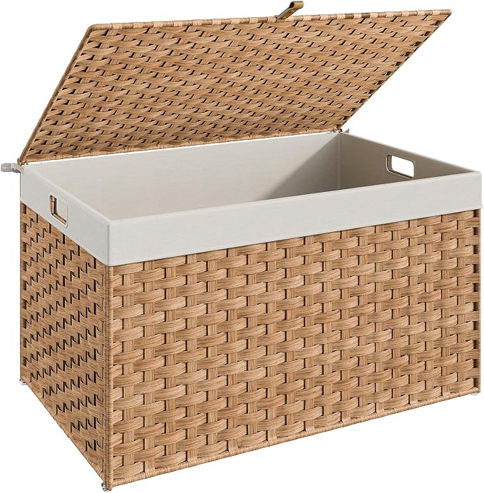 HOOBRO Storage Basket with Lid, 42.3 Gallon (160L) Wicker Basket, Handwoven Blanket Storage Basket with Handles, Metal Frame and Soft Lining, Foldable for Bedroom, Laundry Room, Natural NL216CW01 by HOOBRO