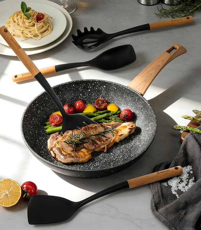 Large Silicone Kitchen Utensils Set with Holder, 25Pcs Cooking Utensil Set with Wooden Handle, Heat Resistant Spatula Sets for Cooking, BPA Free Silicone Utensils Set for Non-Stick Cookware(Black) - Image 2