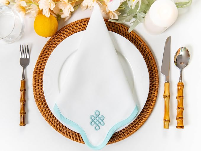 Hofdeco Premium Coastal Cotton Cloth Napkins Set of 4, 20"x20" Washable Dinner for Events, Weddings, Home Use, Muted Aqua Embroidered Endless Knot - Image 3