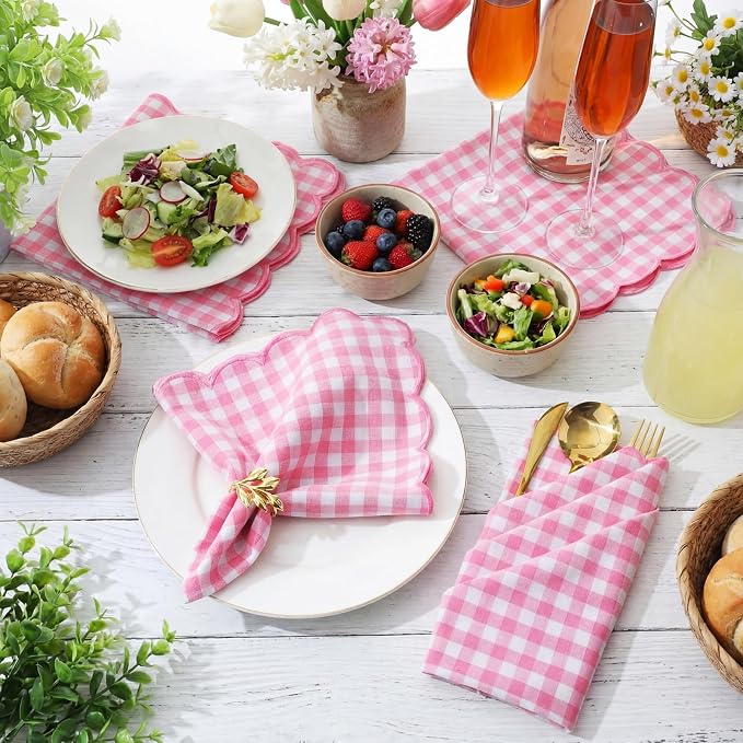 SmoothNovelty 24 Pack Buffalo Plaid Cloth Napkins 18x18 Inch Checkered Cloth Napkins Scalloped Soft Cotton Table Mat Washable Reusable for Dinner Wedding Holiday Birthday Parties (Classic,Pink) - Image 4