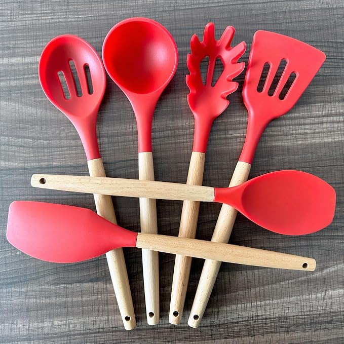 Kitchen Cooking Utensils Set 6Pcs Heat Resistant Silicone Kitchen Utensils Spatula Spoon Turner Ladle w Wooden Handle, BPA FREE Silicone Cooking Tool Gadget Set for Nonstick Cookware & Baking - Image 6