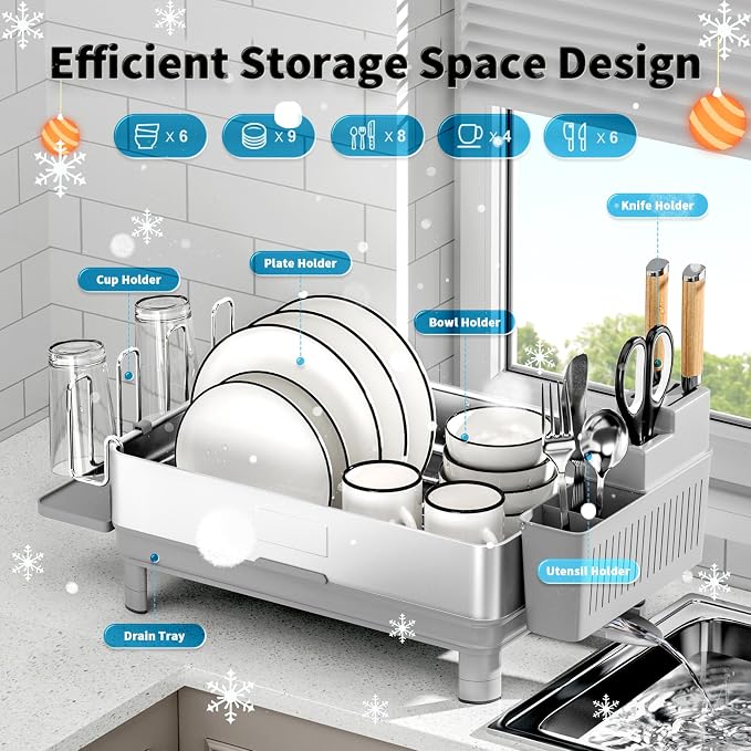 Dish Drying Rack, 304 Stainless Steel Dish Racks for Kitchen Counter | Dish Drainers with Automatic Drainage, Utensil Holder & Cups Holder, Space Saving Kitchen Organizer, Gray - Image 5