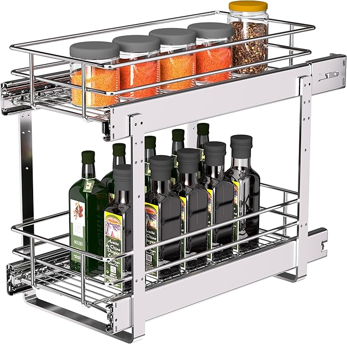 2-Tier Narrow Cabinet Pull Out Shelves, 8" W x 22" D, Chrome | Heavy-Gauge Wire Sliding Shelves, 100 lbs Limit, Ball-Bearing Glides, 3 Heights, Min 9" Opening, For Spices & Under Sink by JOWBOOW