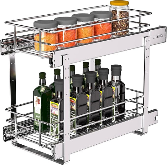 2-Tier Narrow Cabinet Pull Out Shelves, 8" W x 22" D, Chrome | Heavy-Gauge Wire Sliding Shelves, 100 lbs Limit, Ball-Bearing Glides, 3 Heights, Min 9" Opening, For Spices & Under Sink by JOWBOOW