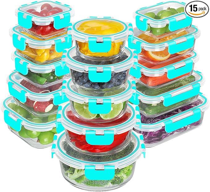 BAYZZ 30 Piece Glass Food Storage Containers Set, Glass Meal Prep Containers with Lids, Airtight Lunch Box, BPA-Free, Microwave, Freezer & Dishwasher Safe,Green by BAYZZ