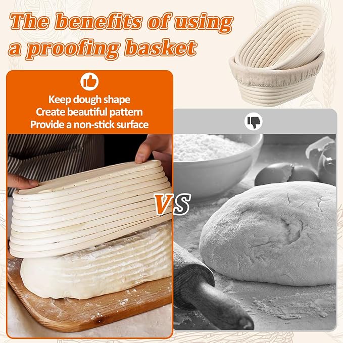 6 Pack Oval Banneton Proofing Basket Set 10 Inch, Natural Rattan Sourdough Bread Baskets with Linen Liners, Dough Baking Bowls for Professional & Home Bakers (10" Oval -6 Pack) - Image 4