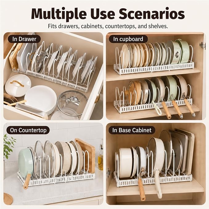 Pots and Pans Organizer Rack,Expandable Pot Lid Holder for Kitchen Cabinet | 11.81''-22.85'' Metal Rack with 12 Adjustable Dividers,Multifunctional Organizer for Cookware Bakeware Cutting Board Storage - Image 6