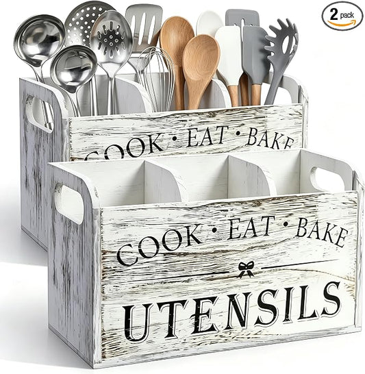 Rustic White Wooden Utensil Holder for Kitchen Counter Decor,Extra Large Kitchen Utensil Holder Silverware Caddy Farmhouse Wood Cutlery Holder Cooking Utensil Stand Storage kitchen Tools Holder-2 Pack by A+CENTER