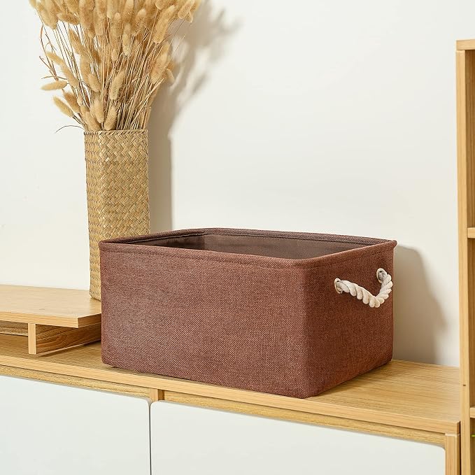 Decorative Basket Rectangular Fabric Storage Bin Organizer Basket with Handles for Clothes Storage (Brown,Large-3Pack,15.7L*11.8W*8.3H) - Image 3