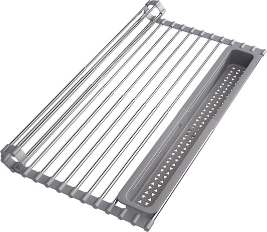 JASIWAY Roll Up Dish Drying Rack for Kitchen Sink with Utensil Holder | Foldable Expandable Stainless Steel Over Sink Dish Drainer, Silicone Wrapped, Multipurpose Portable Sink Drying Mat, Gray by JASIWAY