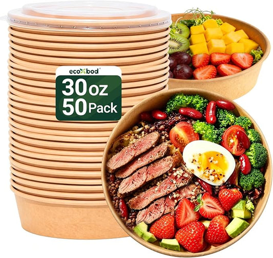 30oz Large Disposable Paper Bowls with Lids, 50 Sets Meal Prep Containers Leakproof Acai Bowls, Salad Bowl with Lid Freezer Safe, Great for Hot Cold Food Party Camp Lunch To Go by GanfanerEcoPackHomeKitchen