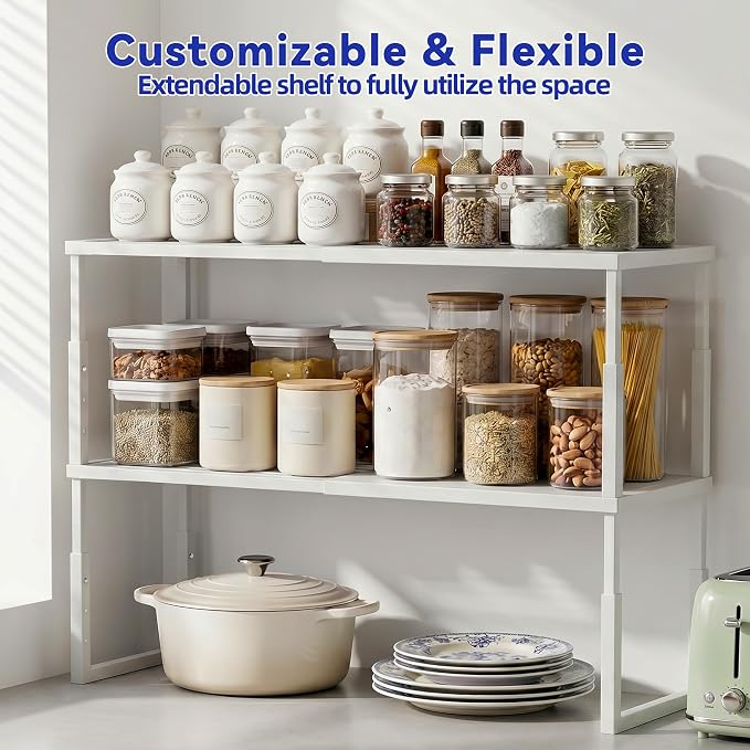Expandable Cabinet Shelf Organizer, Stackable Countertop Shelves, White | 15.8''- 25.5'' In Cabinet Shelf, Adjustable Kitchen Cabinet Organizer for Pantry Organizer, CupBoard Organizers and Storage - Image 3