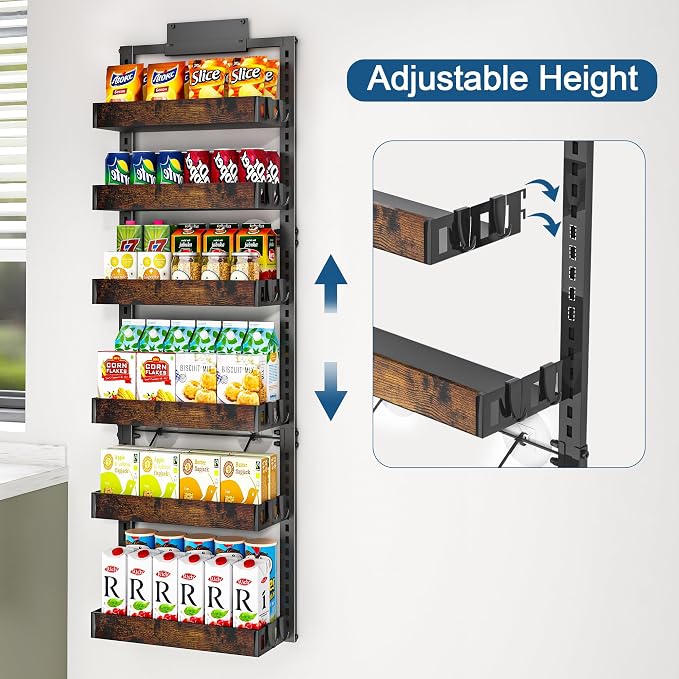 BUKFEN 6-Tier Over the Door Pantry Organizer, Adjustable Basket Spice Rack | 2-IN-1 Door & Wall Mounted, Heavy Duty Metal Storage Shelf,12 Hooks, Back of Door Organizer for Kitchen, Bathroom, Closet - Image 2