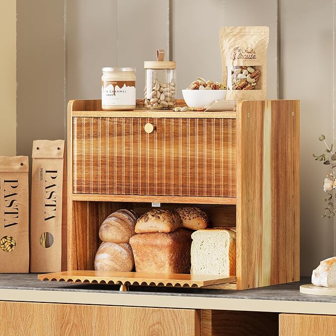 Trironsun Acacia Bread Box for Kitchen Countertop Wood Bread Storage Container Bin Double Layer BreadBox Farmhouse Large Capacity Food Organizer (Acacia Wood) - Image 2