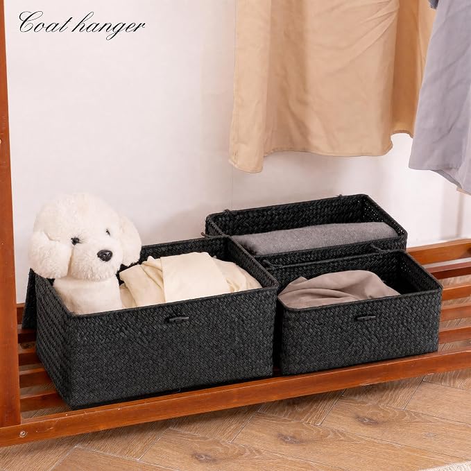 Nonam Storage Basket with Lid, Natural Seagrass Bin with Lid Set of 3, Shelf Baskets Multipurpose Container for Boho Decoration, Rectangular Household Storage Boxes for Home Organization-Black - Image 6