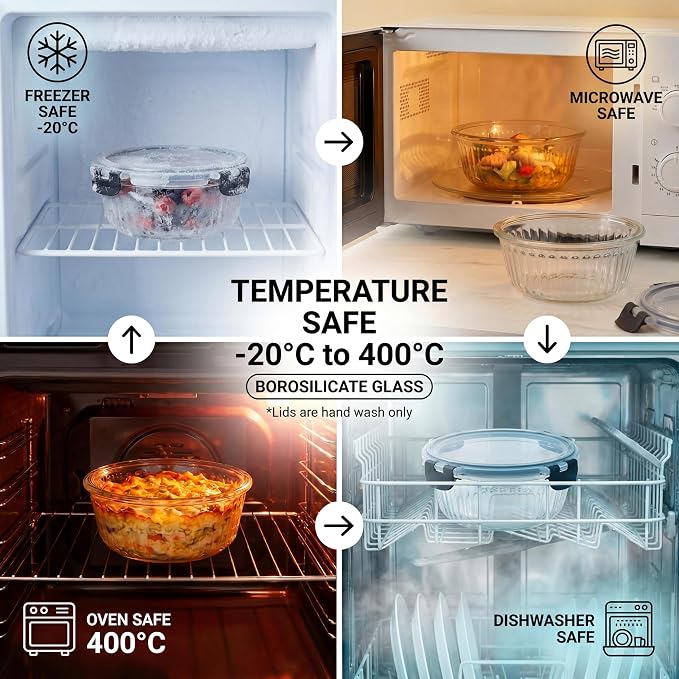 Glass Food Storage Containers with Lids, 12 Piece Glass Meal Prep Containers Set, Airtight Leakproof Snap Lock Lids, BPA-Free, Freezer Microwave Oven Dishwasher Safe, Ribbed Glass Containers - Image 5
