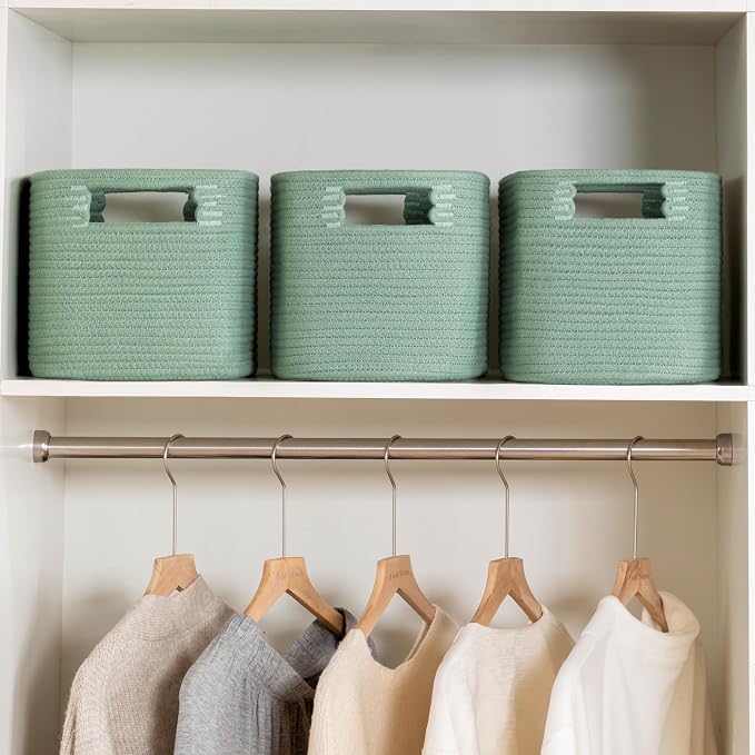 4 Pack Storage Baskets for Organizing, Shelf Baskets with Handles, Green | 14.5"Lx9.8"Wx9"H, Woven Basket, Cotton Rope Basket, Toy Storage, Cube Shelf, Gift Baskets Empty, Home Decor - Image 3