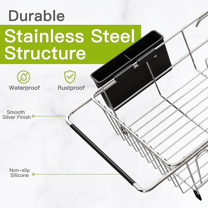 JASIWAY in Sink Dish Drying Rack with Mat, Cups and Utensil Holder | Use Over the Sink or Counter, Stainless Steel Expandable Dish Drainer for Small Kitchen, Space Saving, Fast Drain, Rustproof - Image 7