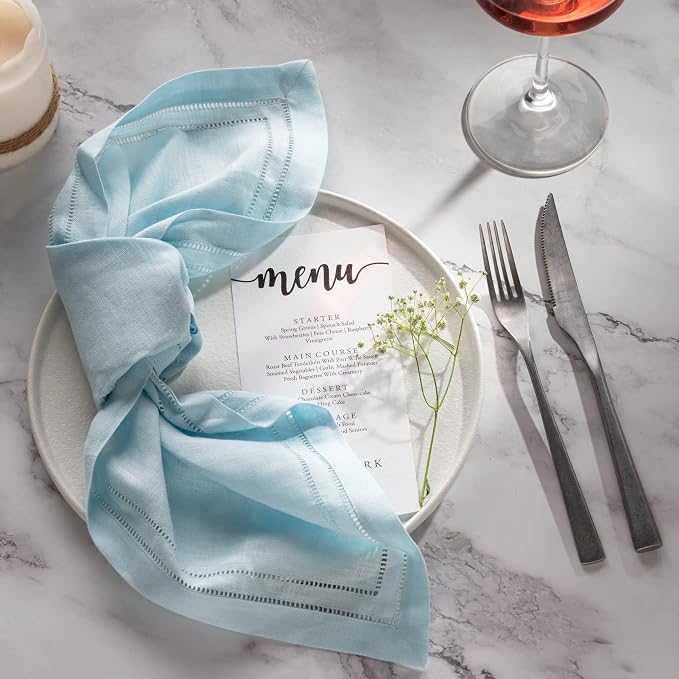 Linen Napkins 20 x 20 inch - 100% Pure Linen Light Blue Hemstitch Dinner Napkins Set of 4 - Double Hemstitch Cloth Napkin Washable Perfect for Easter, Spring and Summer Decor - Image 3