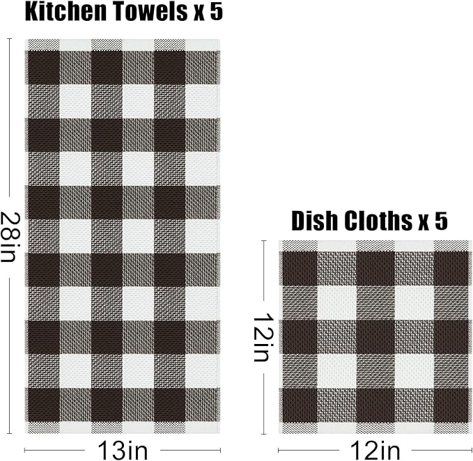 Homaxy Kitchen Towels and Dishcloths Set, Set of 10, White & Dark Brown | Bulk Cotton Waffle Weave Check Plaid Kitchen Towels, Super Soft and Absorbent Dish Cloths, 12 x 12 and 13 x 28 Inches - Image 4