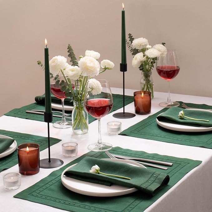 Linen Napkins Set of 4-100% Pure Linen Forest Green Embroidered Dinner Napkins 18 x 18 inch - Classic Hemstitch Cloth Napkins Washable for Winter and Christmas Decor - Image 7