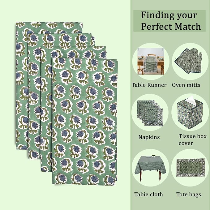 Basil Green Hand Block Print 100% Cotton Napkins 18" x 18" (Set of 8) Reuseable Kitchen Napkins Cloth Decor Dinner Party Wedding Cocktail Gift for Spring, Easter, Summer - Image 4