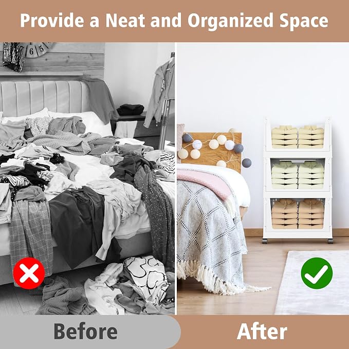 Stackable Storage Bins, Folding Collapsible Closet Organizers and Storage Bins Box, Plastic Shelves Drawer Organizer Container for Closet Office Bedroom Kitchen Bathroom with Wheels, White, 3 Pack - Image 3