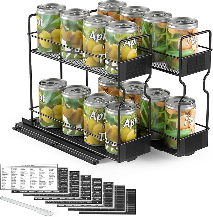 SpaceAid Pull Out Spice Rack Organizer for Cabinet, Heavy Duty Slide Out Seasoning Kitchen Organizer, Cabinet Organizer, with Labels, 7.7" W x10.75 D x10 H, 2 Drawers 2-Tier by SpaceAid
