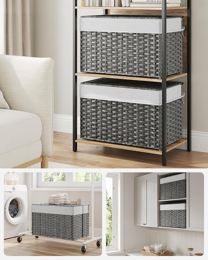 SONGMICS Storage Basket with Lid, Woven Blanket Storage Bin with Handles, Foldable, Removable Liner, Metal Frame, for Bedroom, Laundry Room, 27.7 Gallons (105 L), Gray URST066G01 - Image 3