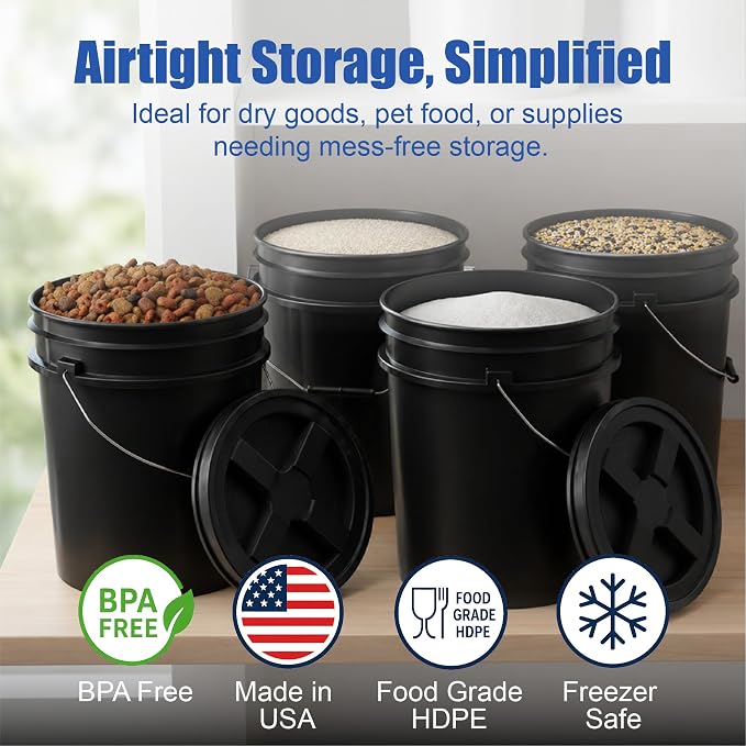 5 Gallon Bucket - Food Grade w/Lid BPA-Free, Black/Black, 6 | Airtight Gamma Seal Screw-On Lid, Heavy-Duty 90 Mil HDPE Plastic, Food Safe and Durable Container, Bulk Storage, Made in USA - Image 2
