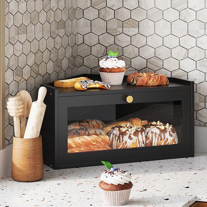 Trironsun Corner Bamboo Bread Box for Kitchen Counter Large Rustic Bread Storage Container with Acrylic Door Space-Saving Vintage Bread Keeper for Homemade Bread (Black) by TrironsunHome