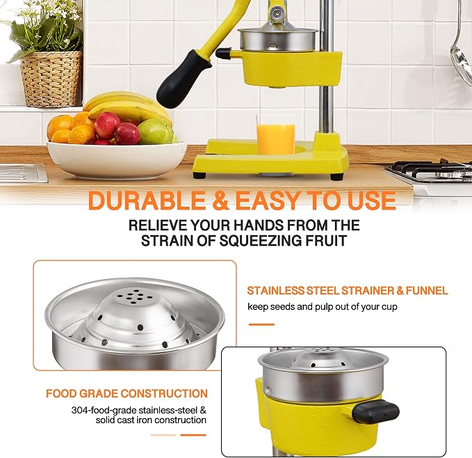 Commercial Heavy Duty Cast Iron Hand Press Manual Orange Citrus Lemon Lime Grapefruit Pomegranate Fruit Juice Squeezer Machine with Stainless Steel Cup Yellow - Image 6