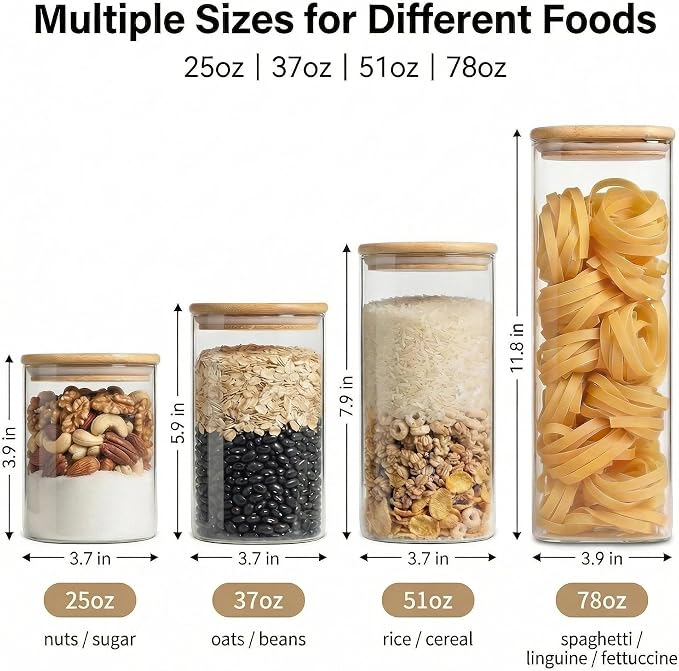 Airtight Glass Storage Containers with Lids Set, 9 Pack Pantry and Pasta Storage Containers 25/37/51/78oz, Square Kitchen Canister Set for Flour Sugar Rice, Cereal Beans Oats Spaghetti Pasta - Image 4