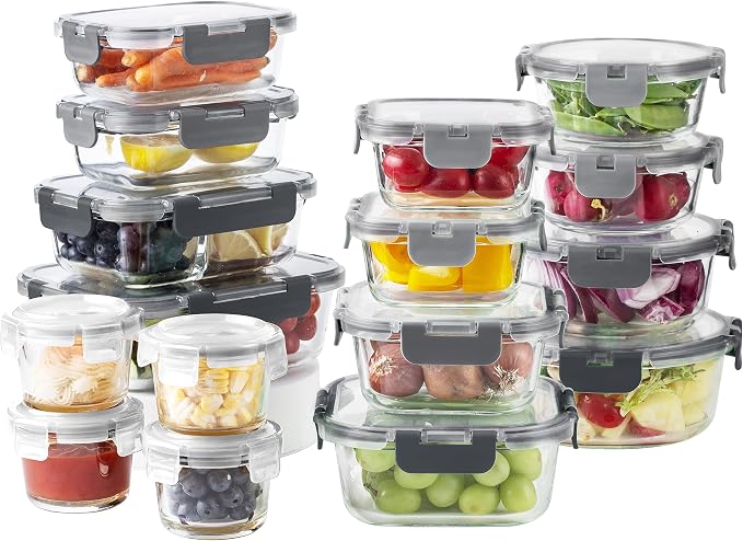 COOK WITH COLOR Premium 32-Pc. Borosilicate Glass Food Container Set with Dividers - 4 Rectangles, 8 Rounds, 4 Squares - Leakproof Lids - Meal Prep, Storage, Ombre Grey - Image 7