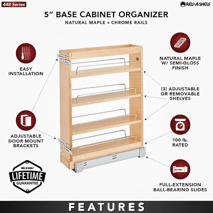 Rev-A-Shelf Maple Pullout Organizer for Full Height Base Vanity Cabinets, Full Extension Slides & Adjustable Shelves, Min Opening Width of 5.5",448-BC19-5C - Image 4