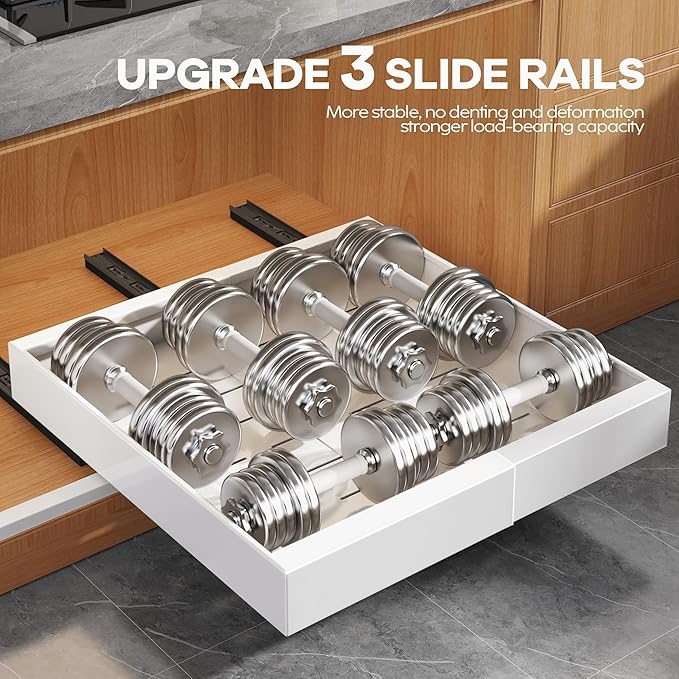 Seinloes 6Pack Expandable Pull Out Cabinet Organizer 21"Deep With Raising Pad for Framed Cabinets,Slide Out Drawers with 4pcs Divider Racks,Roll Out Shelves Adhesive,Adjustable Width 12.05"-20.4"White - Image 5