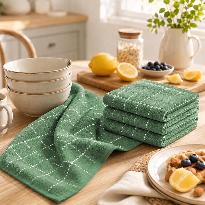 Kitinjoy 100% Cotton Terry Kitchen Towels, 13”x 28”, 4-Pack, Grass Green | Checkered Designed, Ultra Soft Absorbent Quick Drying Dish Towels - Image 3