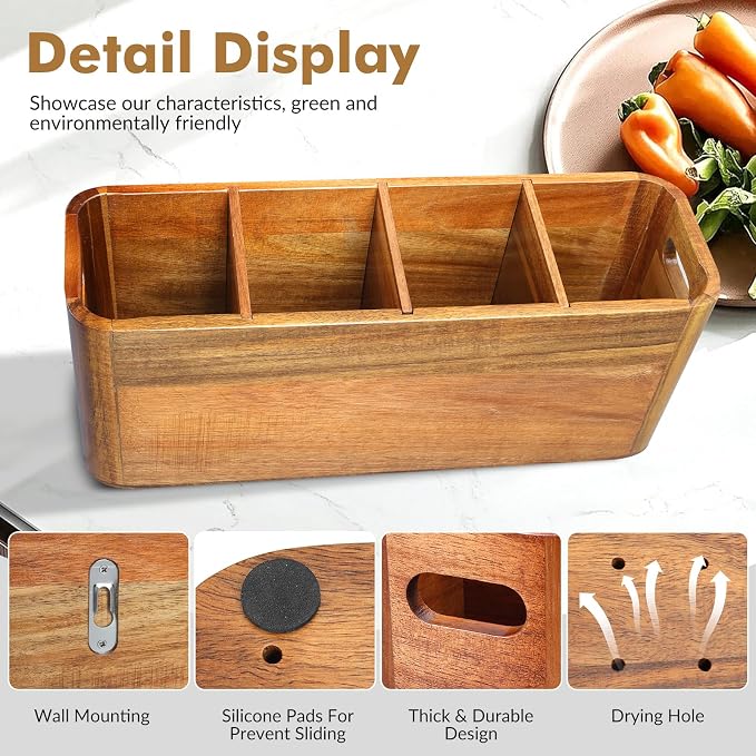 Kitchen Utensil Holder for Counter or Countertop, Extra Large Acacia Wood Organizer with 4 Compartments, Wooden Storage for Cooking and Silverware, Rustic Minimalist Decor, Sturdy Utensil Crock - Image 3