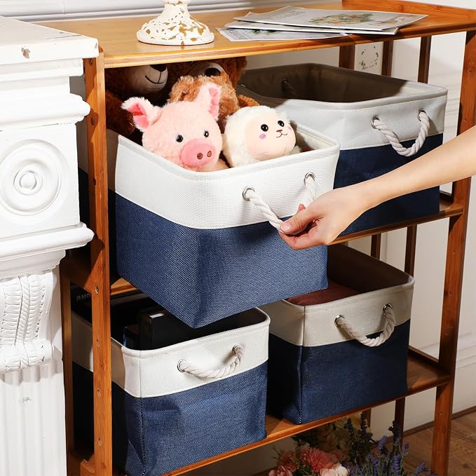 meekoo 8 Pack Collapsible Storage Bins Fabric Storage Bins Polyester Fabric Baskets with Handles Linen Closet Organizer for Shelf Home Closet Towels Toys(12 x 12 x 12 in,Blue White) - Image 3