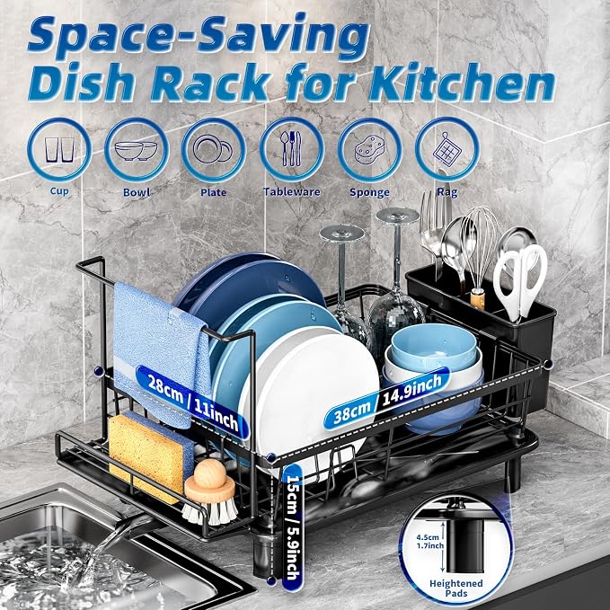 Dish Drying Rack, Stainless Steel-Dish Rack, (Black2 with Sponge Rack ) | Dish Racks for Kitchen Counter, Kitchen Dish Drainers with Removable Utensil Holder,New drain outlet, - Image 6