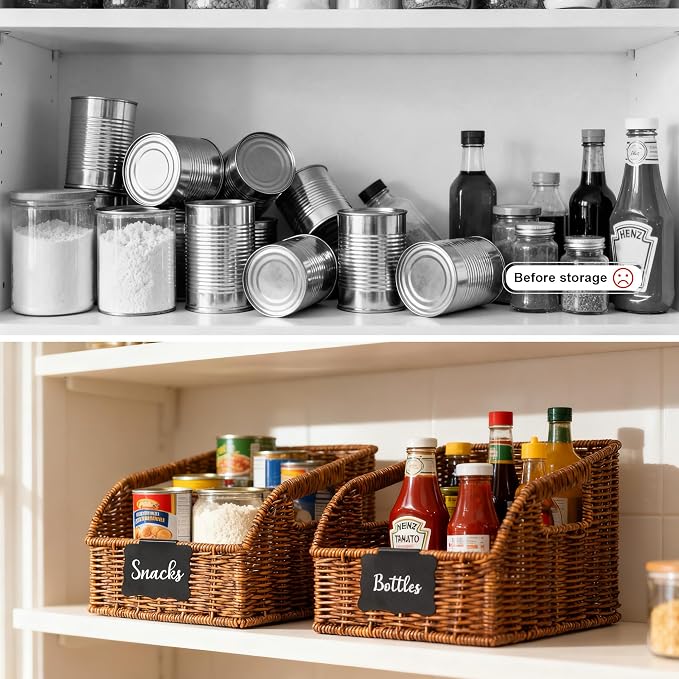 Brownlily Faux Wicker Pantry Storage Baskets, Brown-Double Set (6-Piece) | Handwoven Baskets for Organizing with Built-in Handles, All-Purpose Storage Baskets with Chalkboard for Shelves,Laundry Room - Image 6
