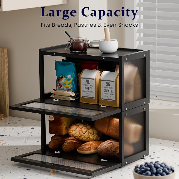 Stackable Bread Box for Kitchen Countertop, 2 Tier Bamboo Bread Storage Container Holder Bin for Baked Goods Snacks Farmhouse Breadbox with Acrylic Window for Pantry Cabinet Cupboard, Black - Image 5
