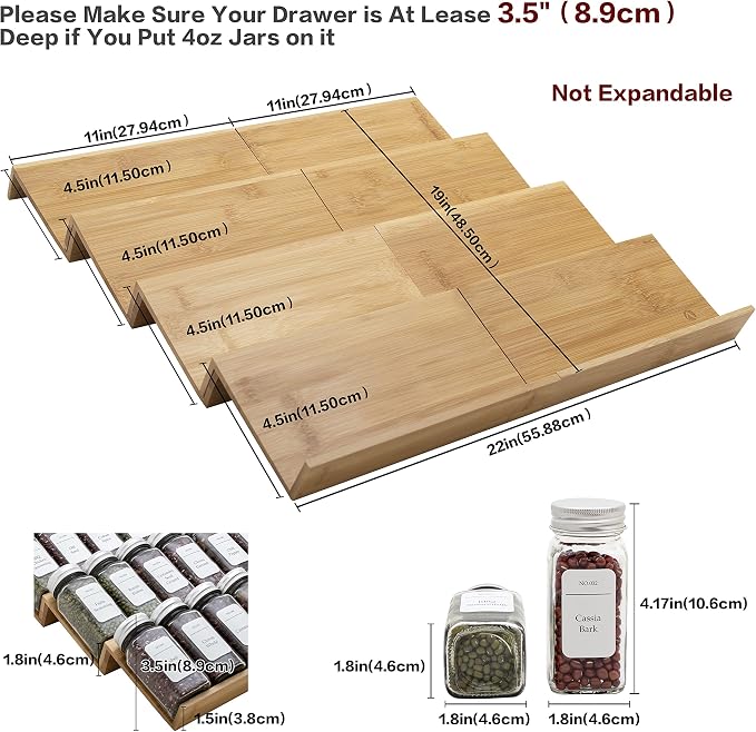 Bamboo Spice Rack Drawer Organizer - 8 Pieces Set- 11" Wide Per Piece - Combine Pieces Into 22" Wide Rack (11" or 22") - Image 4