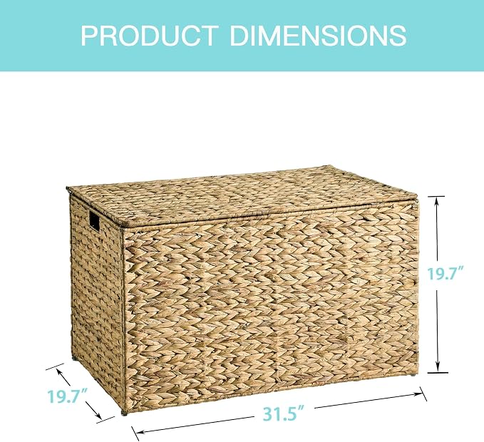 Water Hyacinth Storage Basket with Lid, 52.8 Gallon (200L) Wicker Storage Trunk with Handles, Handwoven Large Wicker Storage Basket for Blanket, Foldable, for Living Room, Bedroom, Natural - Image 3