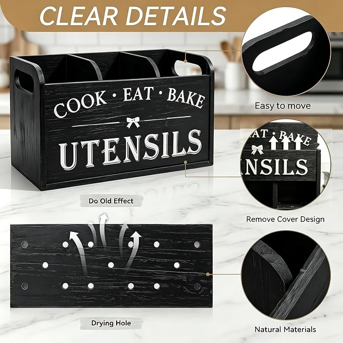A CENTER Rustic Wooden Utensil Holder for Kitchen Counter Decor | Extra Large Kitchen Utensil Holder Silverware Caddy Farmhouse Wood Cutlery Holder Cooking Utensil Stand-Black - Image 4
