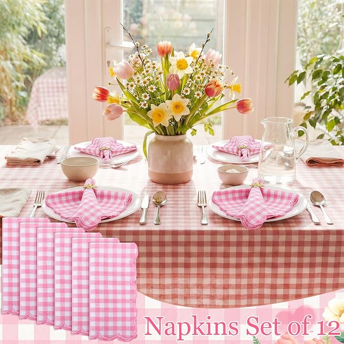 SmoothNovelty 12 Pack Buffalo Plaid Cloth Napkins 18x18 Inch Checkered Cloth Napkins Scalloped Soft Cotton Table Mat Washable Reusable for Dinner Wedding Holiday Birthday Parties (Classic,Pink) - Image 7