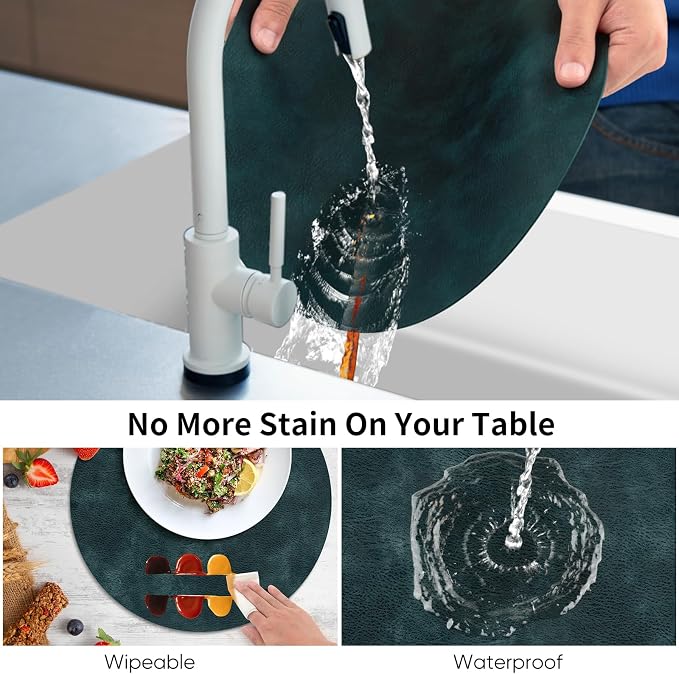 ADRIMER Placemats, Heat Resistant Round Placemats Set of 12 Washable, Waterproof Table Mats, Wipeable Faux Leather Place Mats for Kitchen, Dining Room, Dark Blue - Image 5